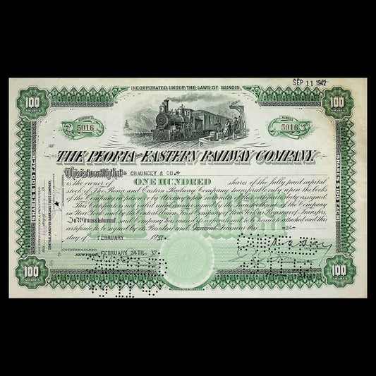 Peoria and Eastern Railway (Illinois to Indiana) Stock Certificate from 1940s