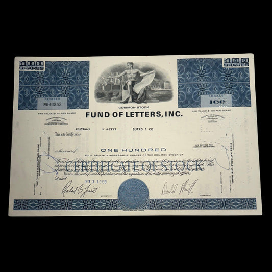 Fund of Letters Inc (Charlie Munger owned) Stock Certificate from 1960s