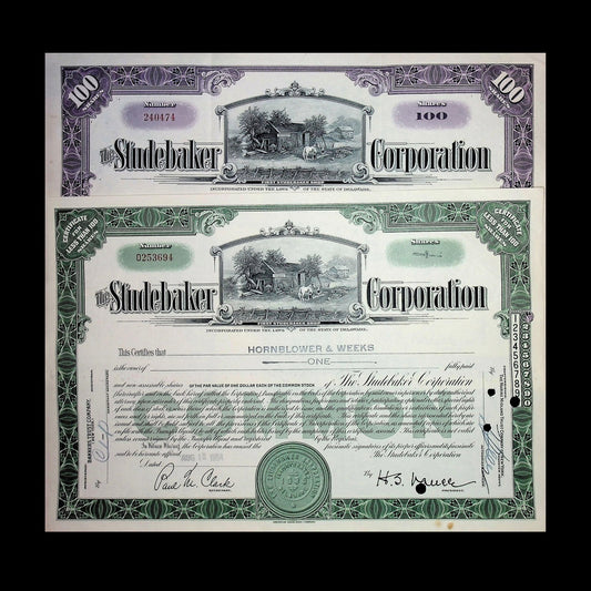 The Studebaker Corporation (early wagons & electric cars) Stock Certificate from 1940/50s