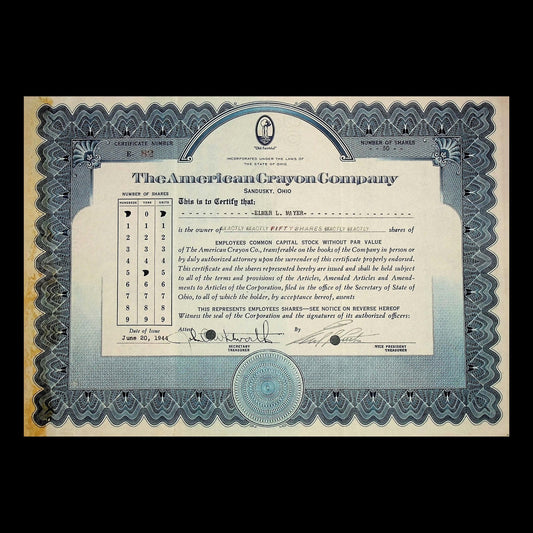 American Crayon Company Stock Certificate from 1940s (features Old Faithful geyser)