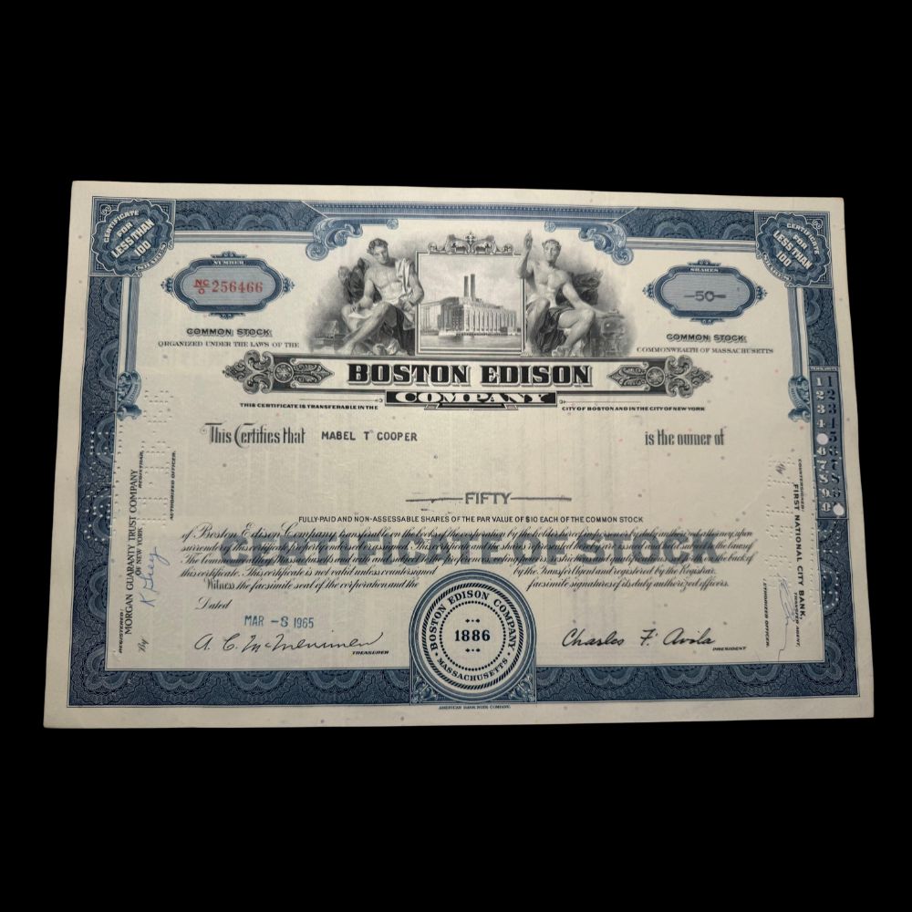 Boston Edison Company Stock Certificate from 1960s Massachusetts