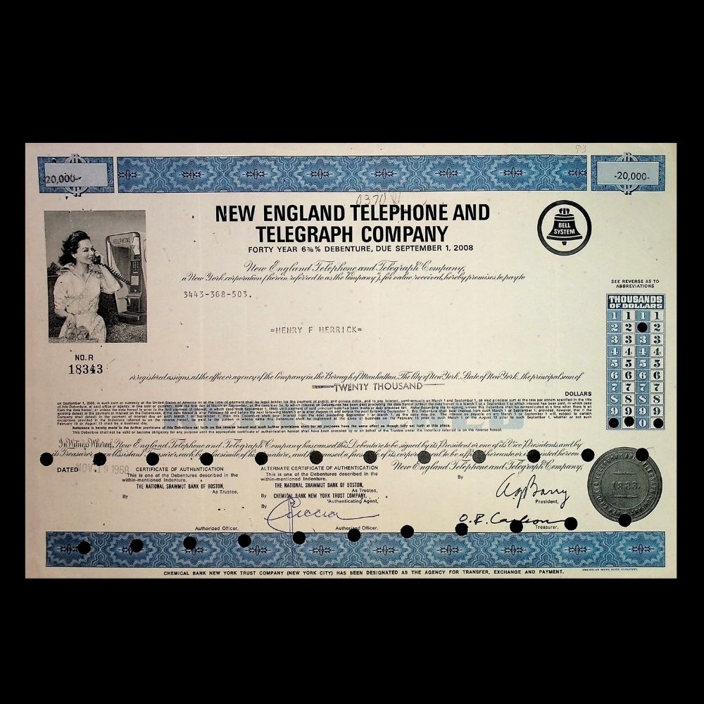 New England Telephone and Telegraph Company Stock Certificate from 1970s – Multi-Color