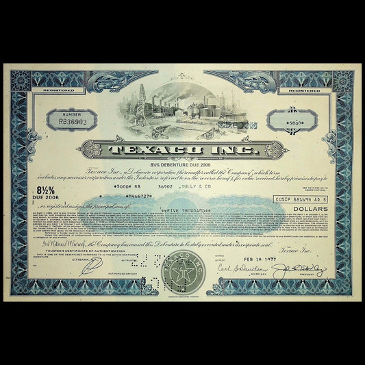 Texaco Inc (now Chevron) Bond Certificate from 1970s