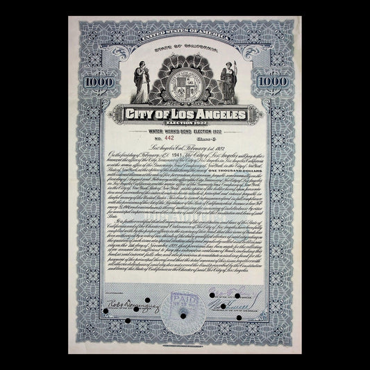 City of Los Angeles Water Works Bond Certificate Signed By Mayor George E. Cryer in 1941