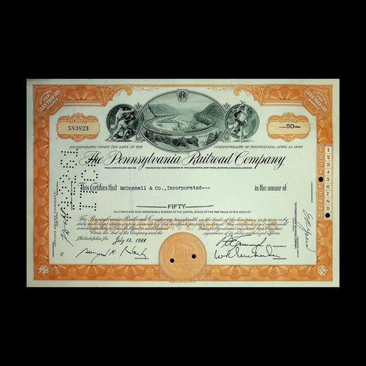 The Pennsylvania Railroad Company Stock Certificate (with Horseshoe Curve design) from 1960s