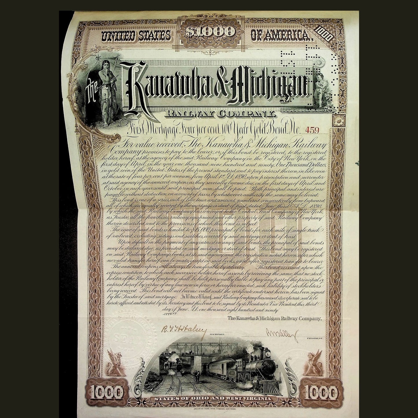 Kanawha & Michigan (West Virginia and Ohio) Railway Company Bond from 1890