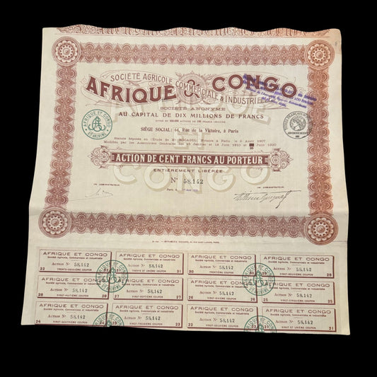 Africa & Congo Agricultural, Commercial & Industrial Company, French Stock Certificate from 1920