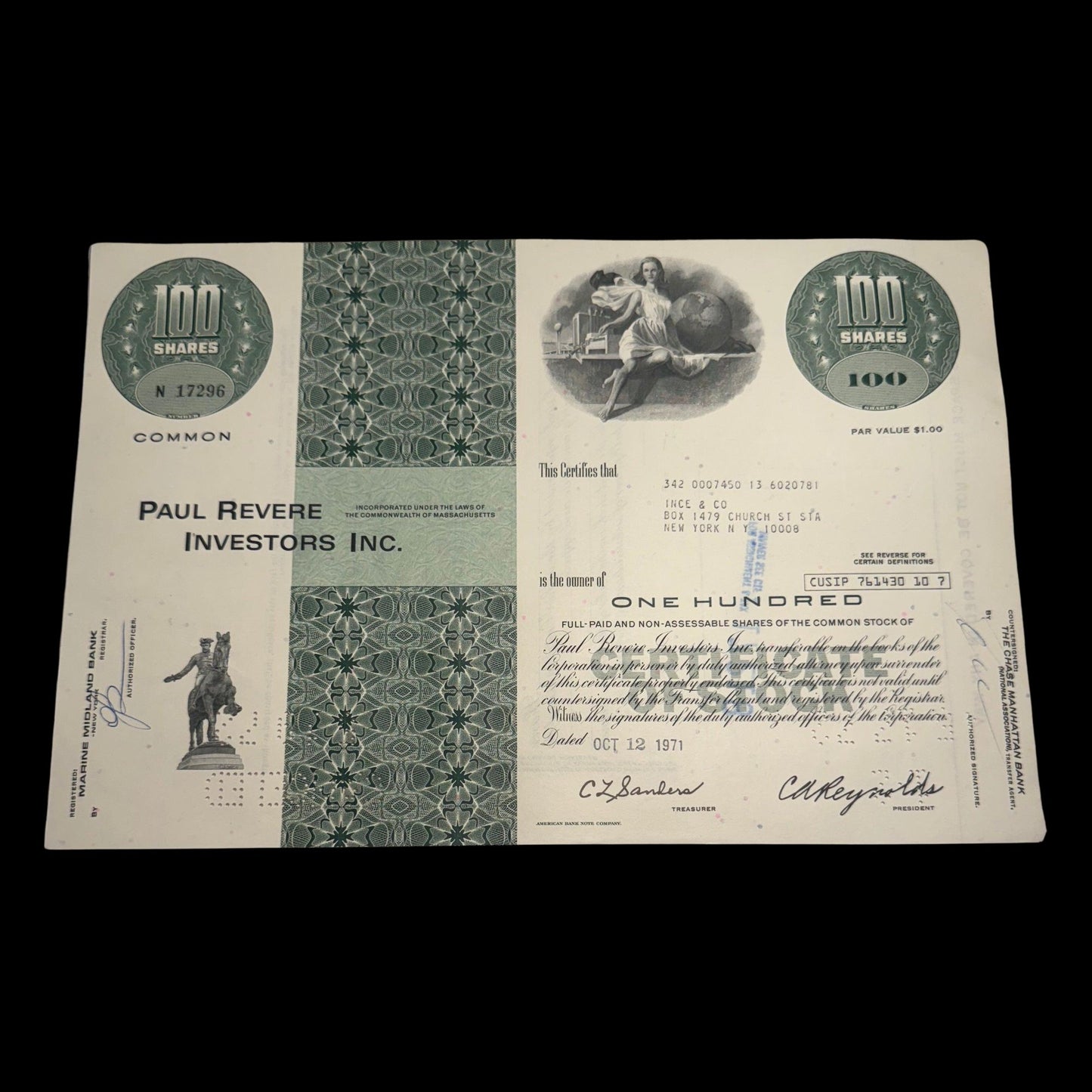 Paul Revere Investors Inc,股票证书