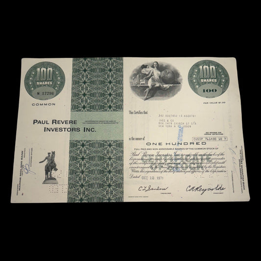 Paul Revere Investors Inc, Stock Certificate from 1970s