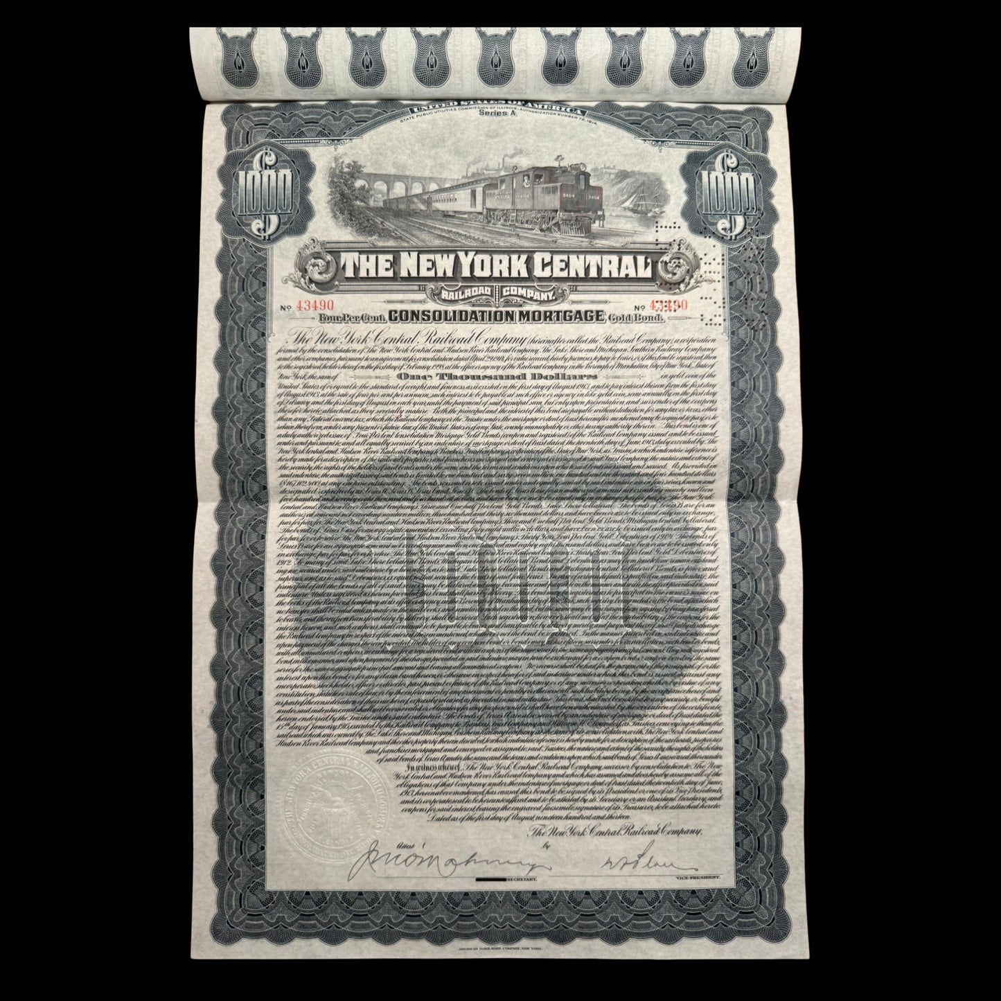 1913 年纽约中央铁路公司债券(附有息票)