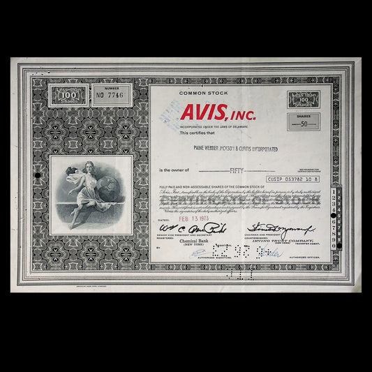 Avis Inc Stock Certificate from 1973