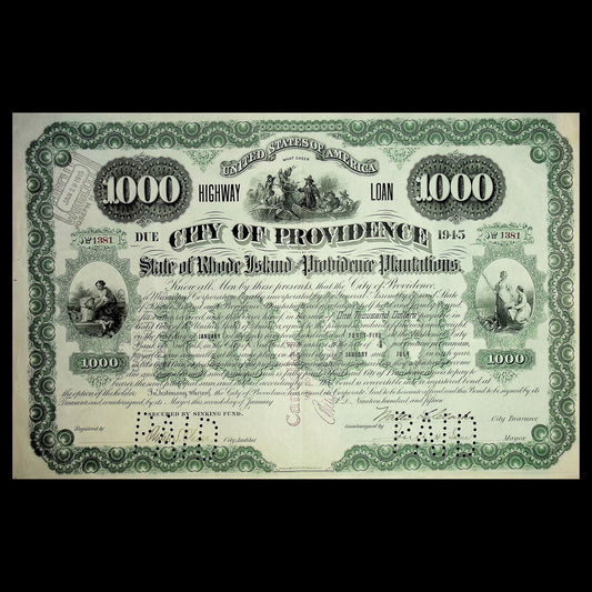City of Providence, Rhode Island $1,000 Highway/ Water Loan Bond from 1915/ 1930