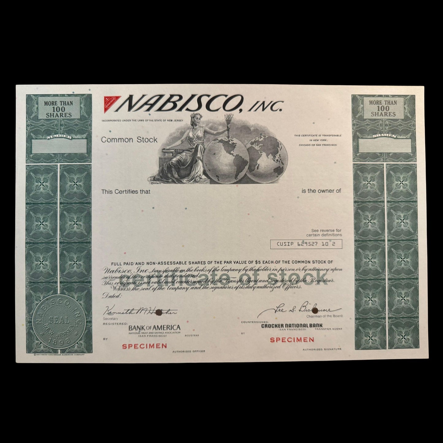 Nabisco Inc, Specimen Stock Certificate from 1970s