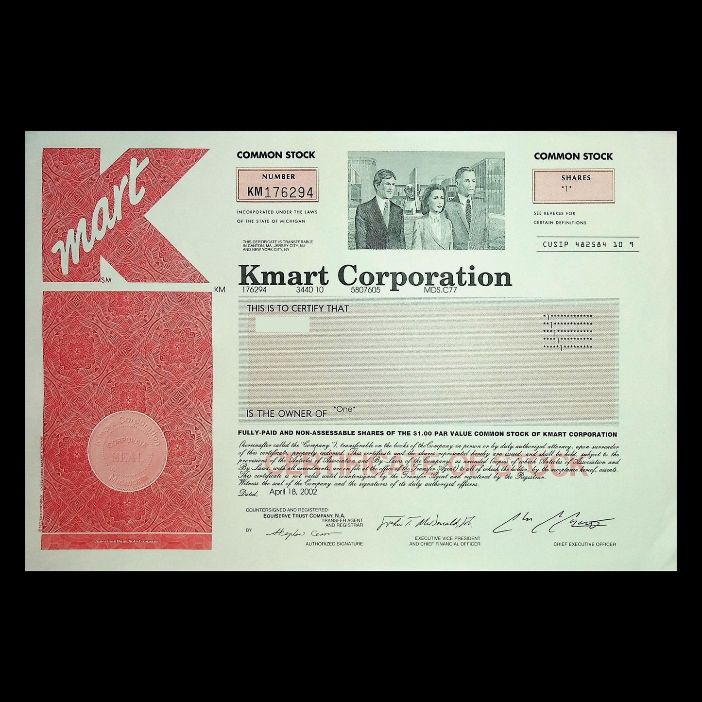 2002 年凯马特公司股票证书,带红色 K 标志