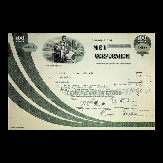 MEI Corporation Stock Certificate from 1980s (Twin City Rapid Transit)