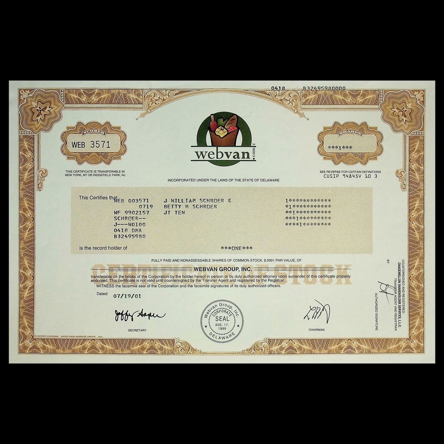 Webvan.com (Dot Com Causality) Stock Certificate from 2001