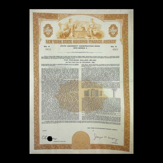New York State Housing Authority Bond Certificate from 1970s