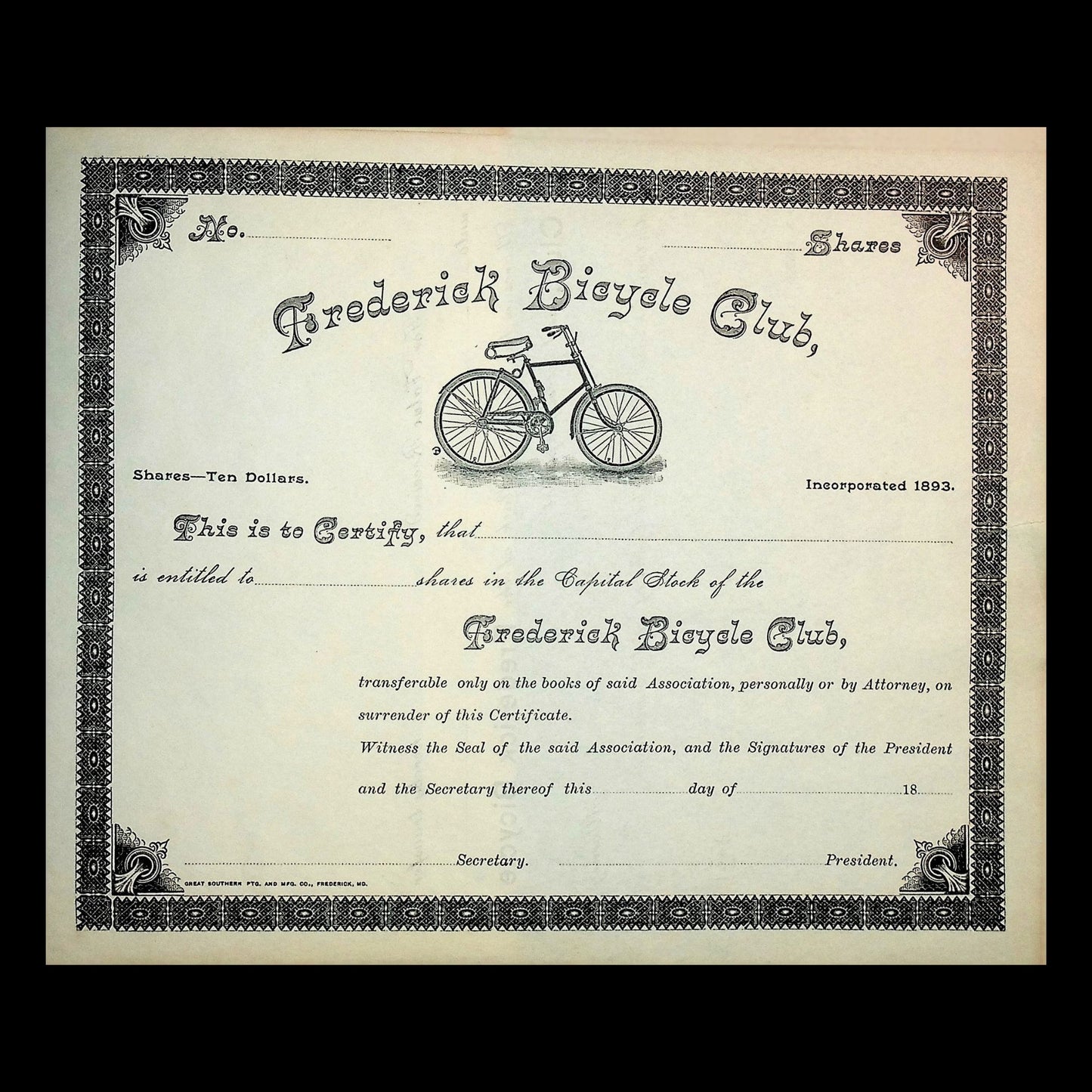 Frederick's Bicycle Club Stock Certificate from 1893 (Unissued)