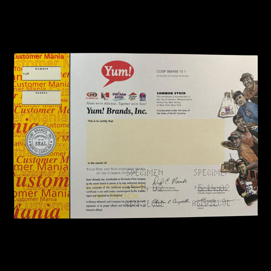Yum! Brands Stock Certificate feat. KFC, Pizza Hut, and Taco Bell