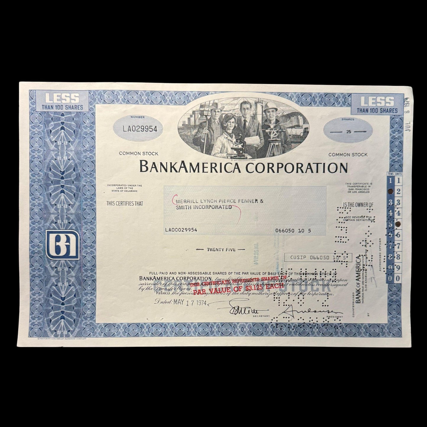 BankAmerica Corporation Stock Certificate from 1970 (now Bank of America)
