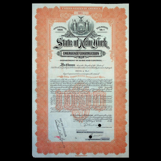 State of New York Emergency Construction Bond Certificate from 1940s