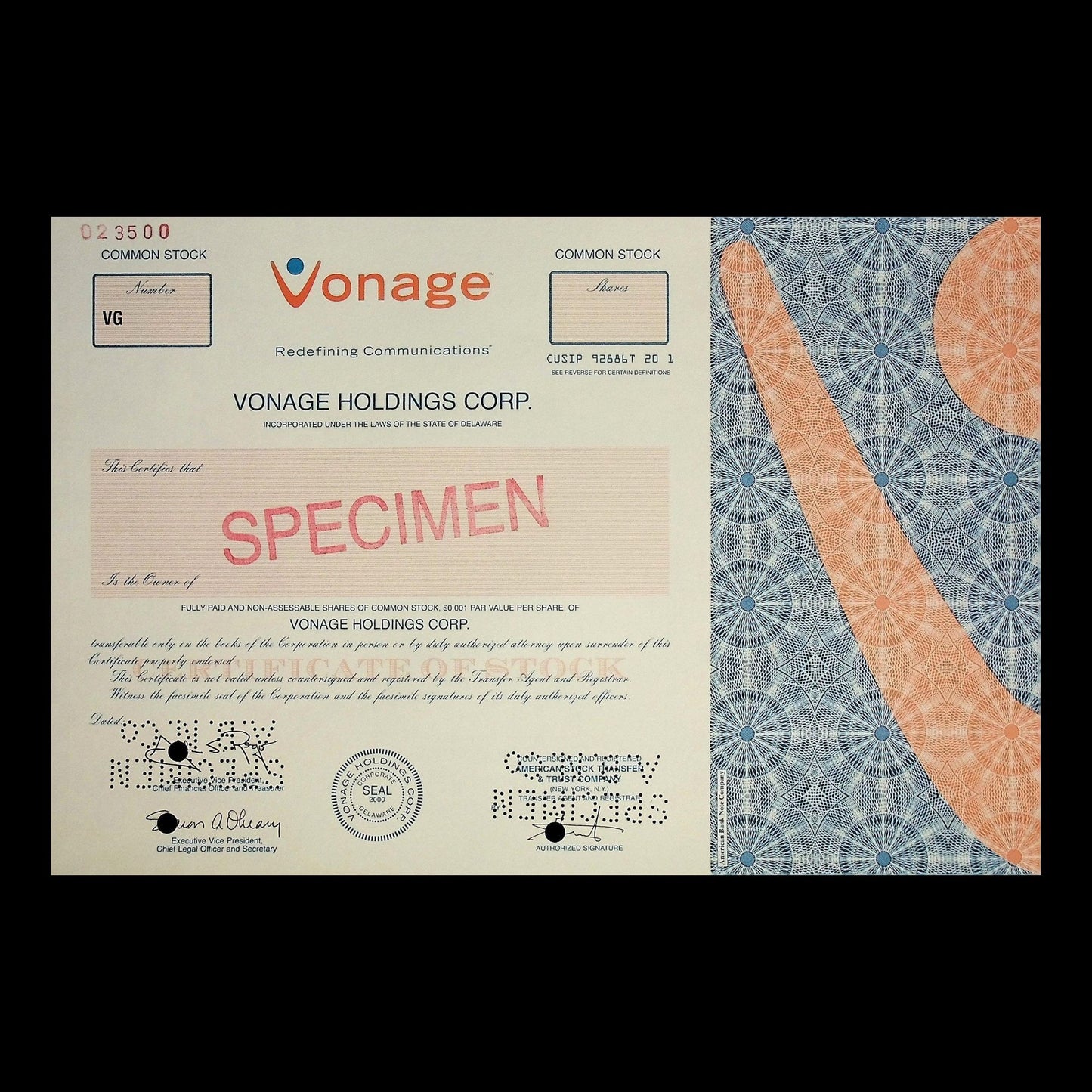 Vonage VOIP Stock Certificate from 2000s (dot com era)