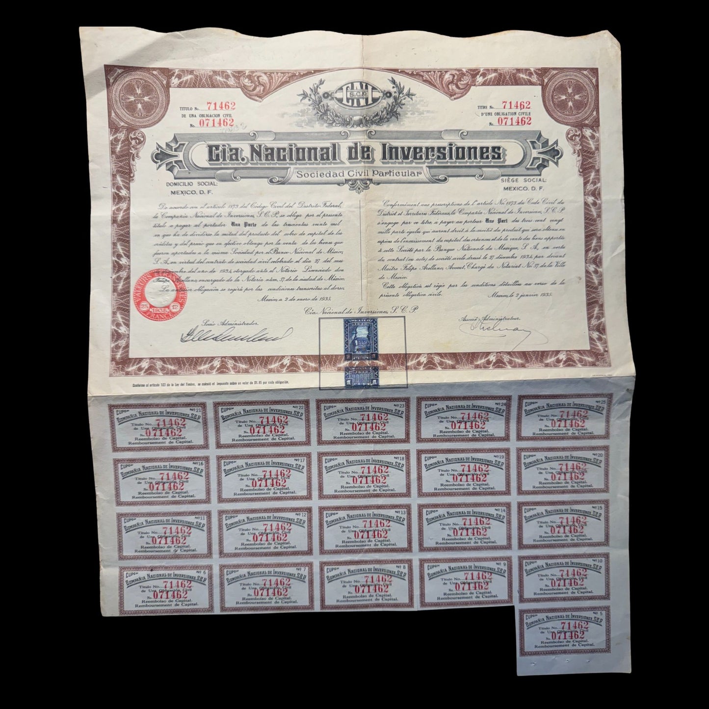 中央情报局。 Nacional de Inversiones Sociedad Civil Special(墨西哥投资公司)股票证书 1935 年