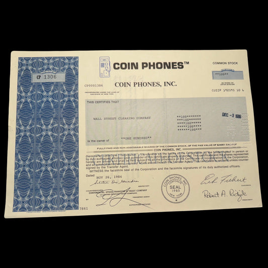 Coin Phones, Inc Stock Certificate from 1980s