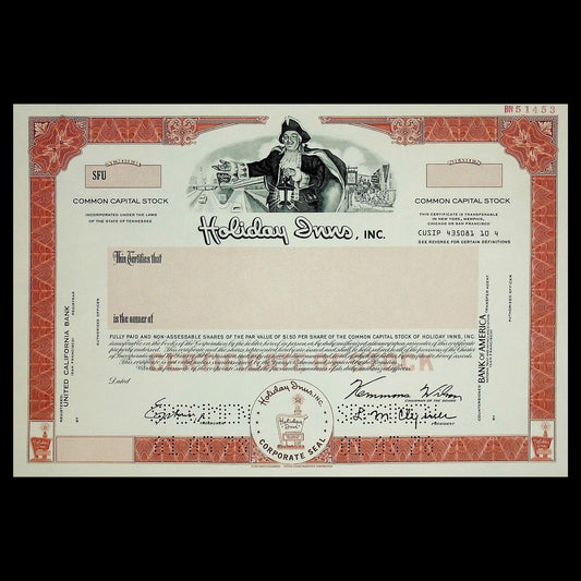 Holiday Inns, Inc (Hotels) Stock Certificate Specimen from 1978