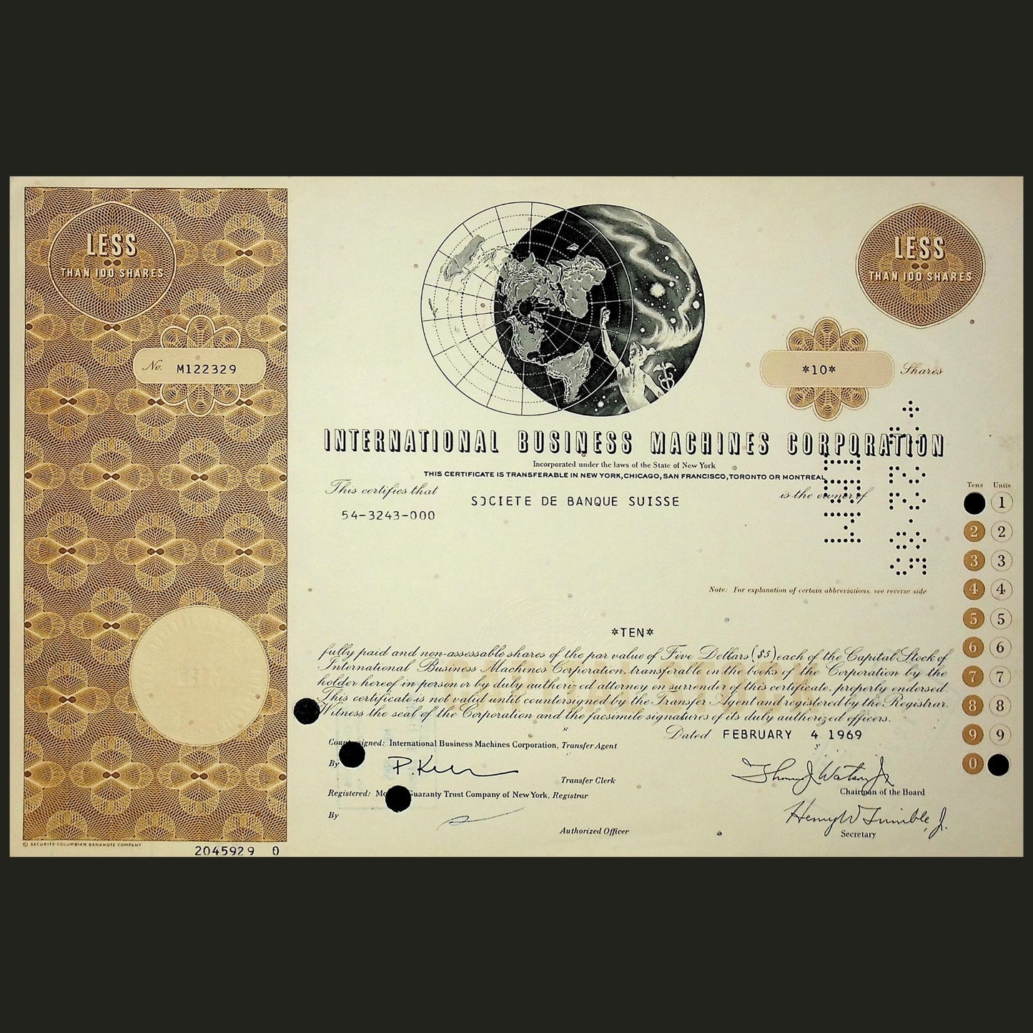 IBM 国际商业机器公司 1969 年股票证书