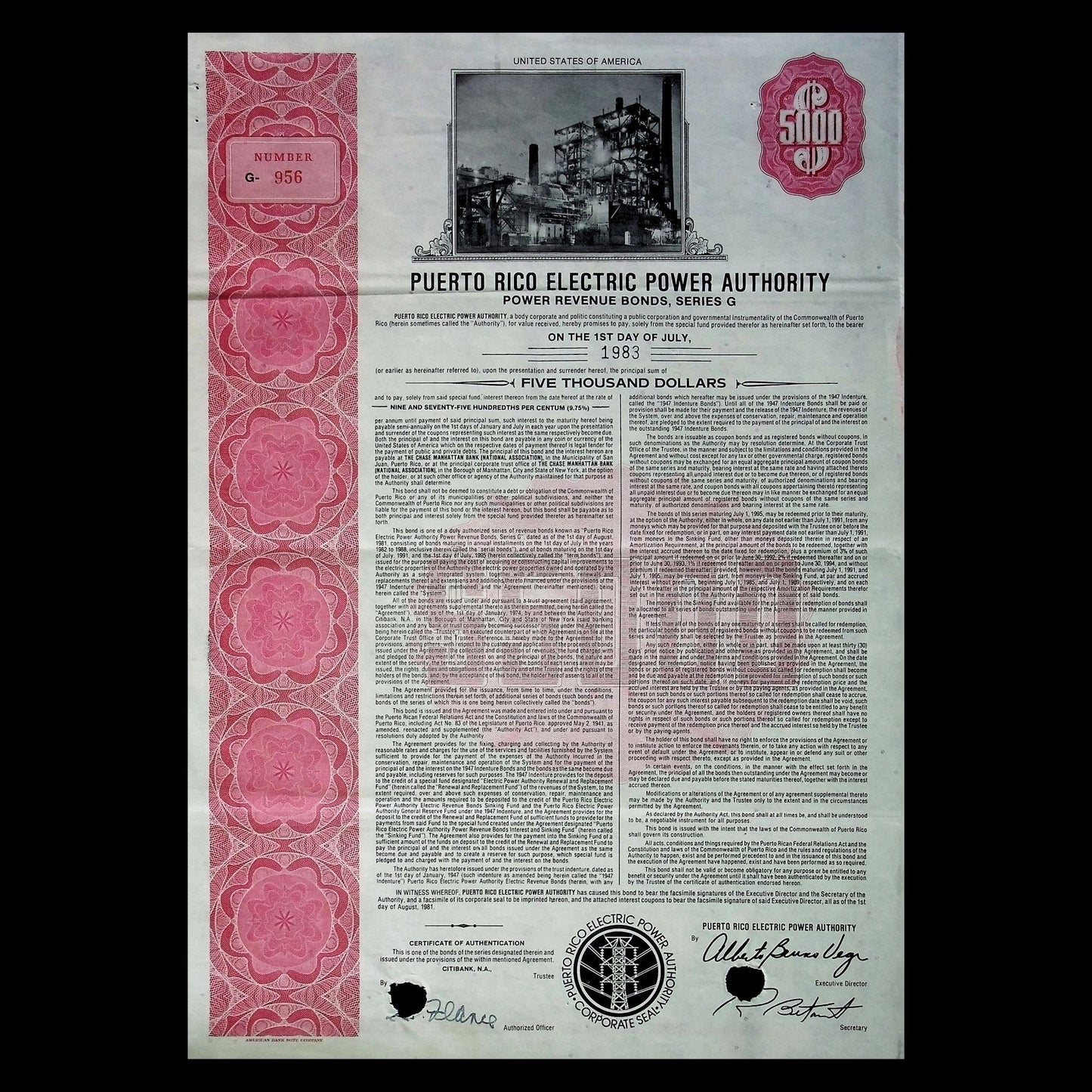 Puerto Rico Electric Power Authority (PREPA) Bond Certificate from 1981