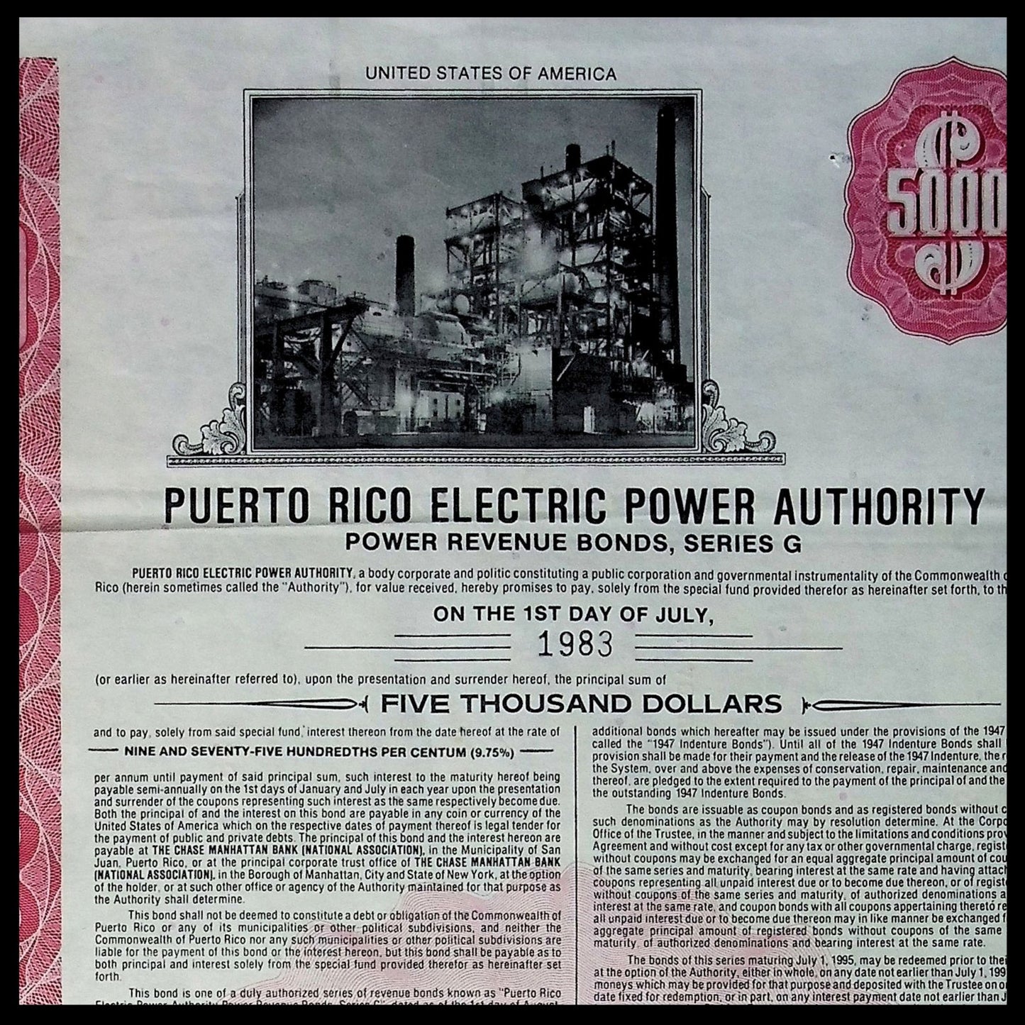 Puerto Rico Electric Power Authority (PREPA) Bond Certificate from 1981