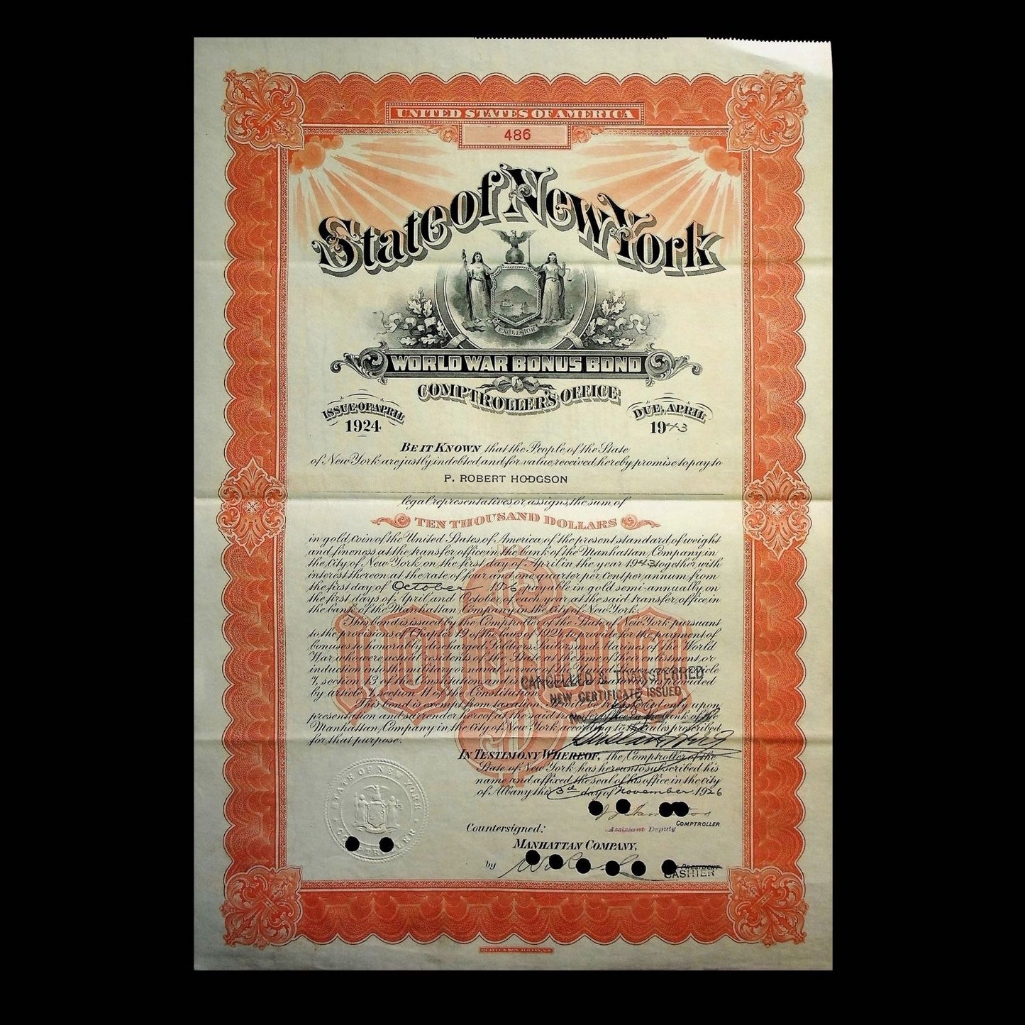 State of New York World War Bonus Bond from 1943 for $10k
