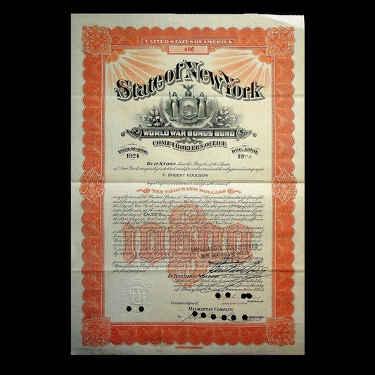State of New York World War Bonus Bond from 1943 for $10k