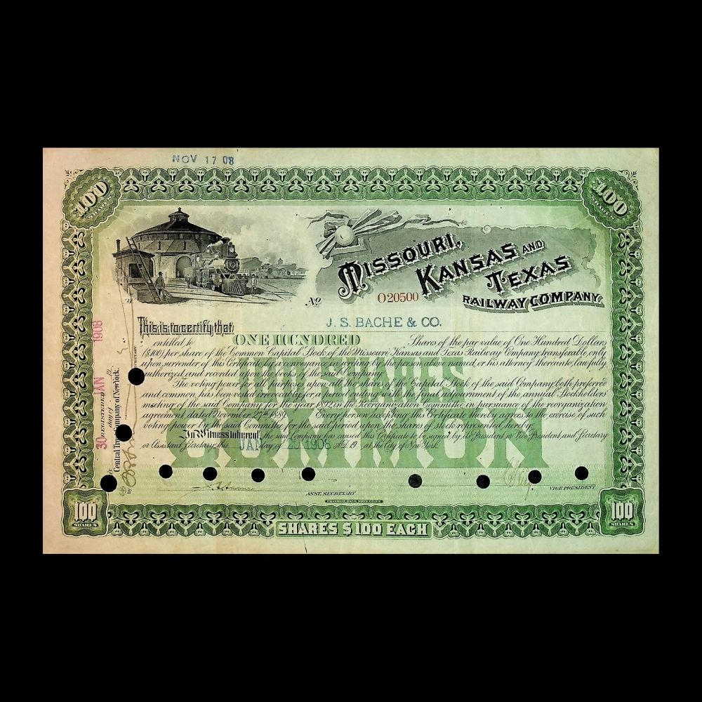 Missouri, Kansas and Texas Railway Company Stock Certificate early 1900s