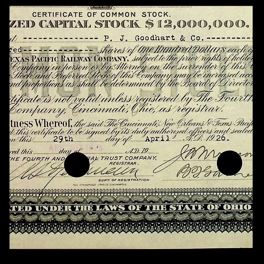 The Cincinnati, New Orleans, and Texas Pacific Railway Company Stock Certificate from 1920s