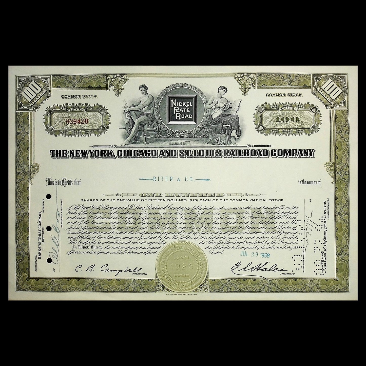 New York, Chicago and St. Louis Railroad Company Stock Certificate from 1950s