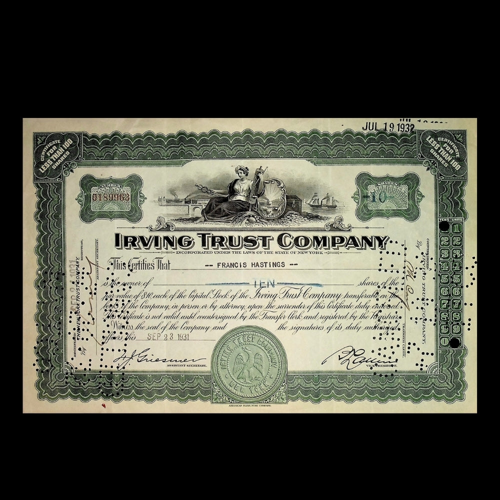 Irving Trust Company (now BNY Melon) Stock Certificate from 1930s