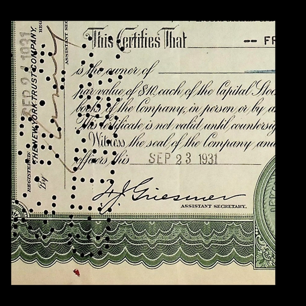 Irving Trust Company (now BNY Melon) Stock Certificate from 1930s