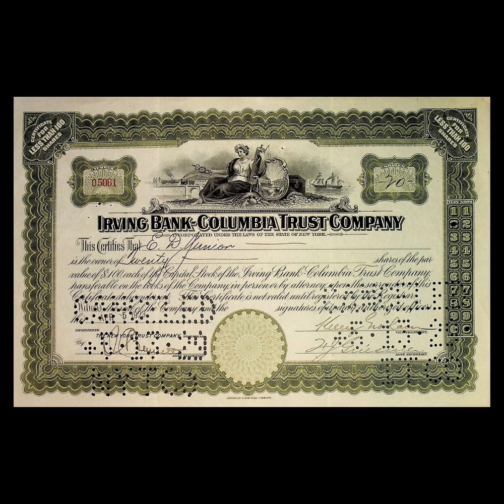 Irving Bank Columbia Trust Company Stock Certificate from 1920s