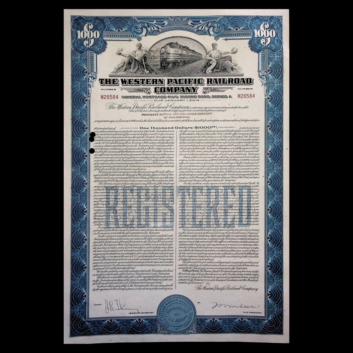 The Western Pacific Railroad Company Bond Certificate from 1947