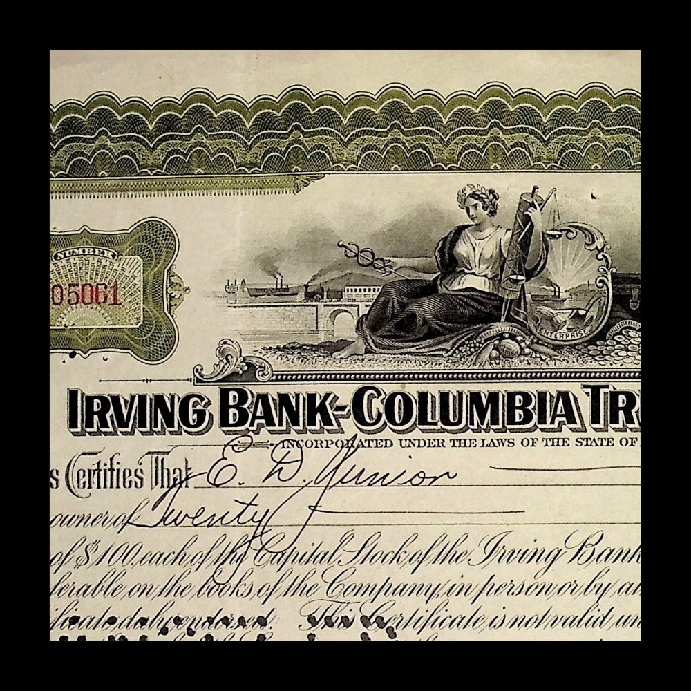 Irving Bank Columbia Trust Company Stock Certificate from 1920s