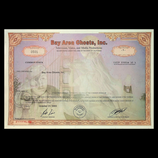Bay Area Ghosts, Inc Stock Certificate (ft Golden Gate Bridge) from 2003