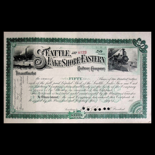 Seattle, Lake Shore and Eastern Railway Company Stock Certificate 1880