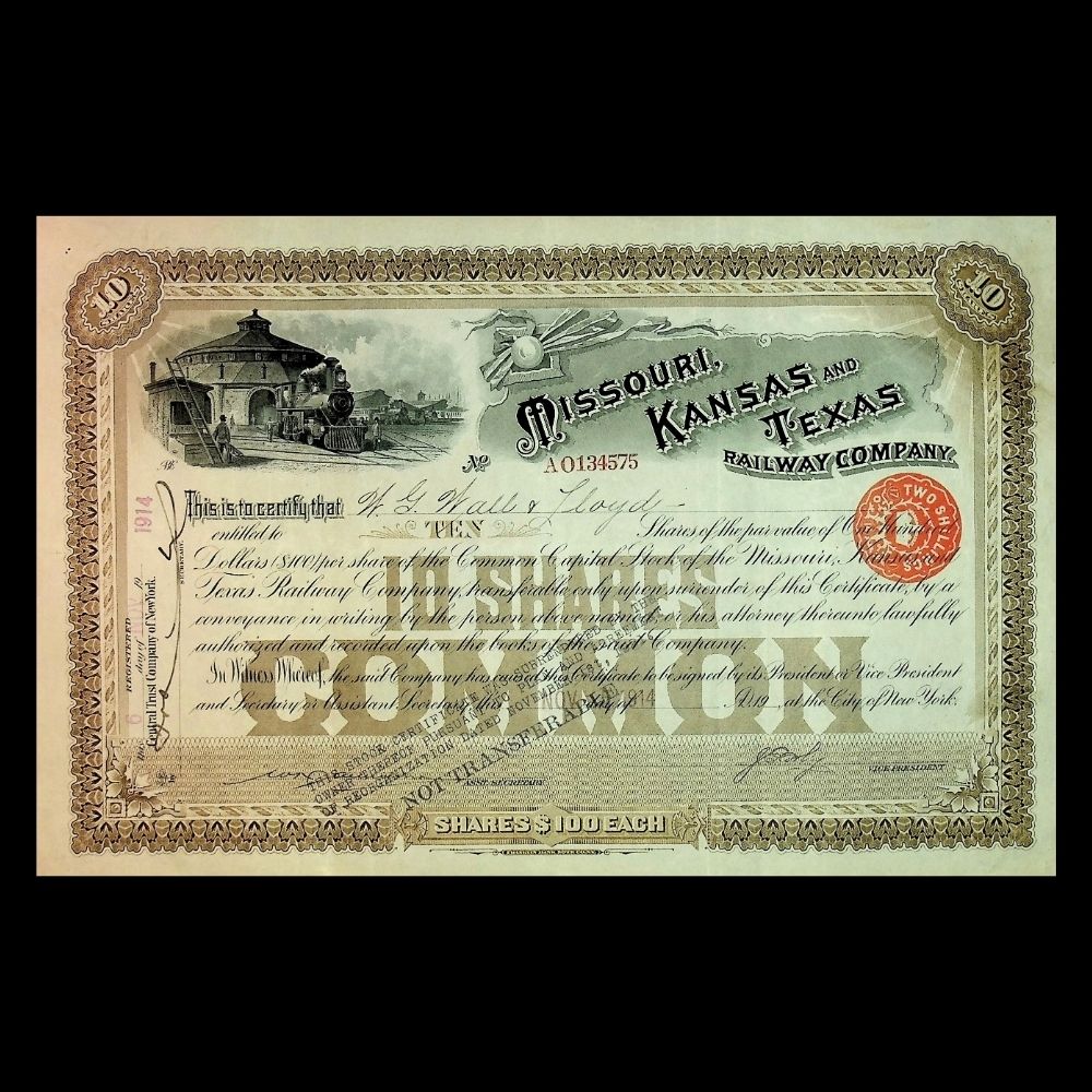 Missouri, Kansas and Texas Railway Company Stock Certificate early 1900s