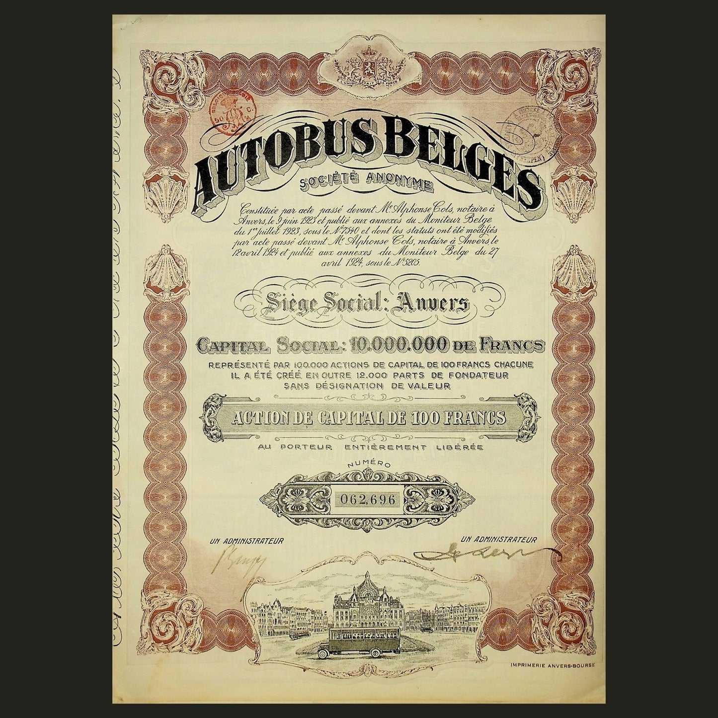 Autobus Belges (Societe Anonyme) 1924 年股票证书