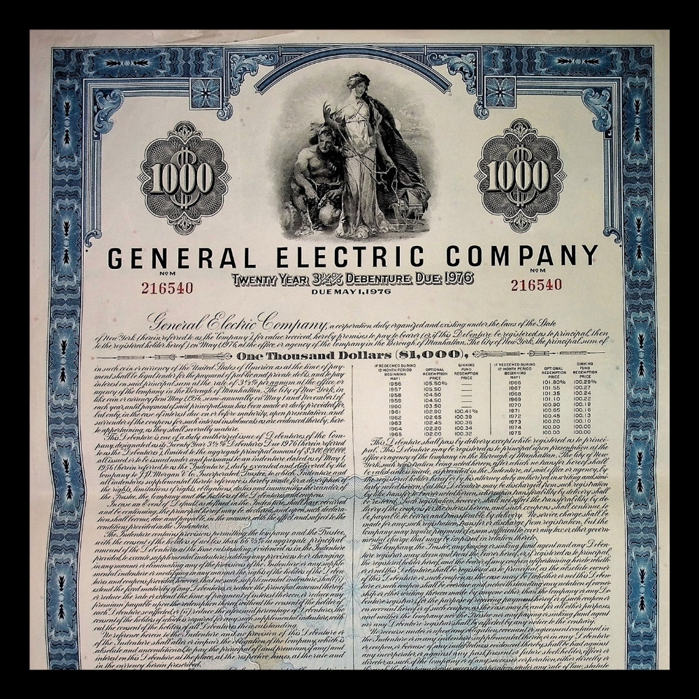 General Electric Bond Certificate from 1956 ($1,000, Blue)