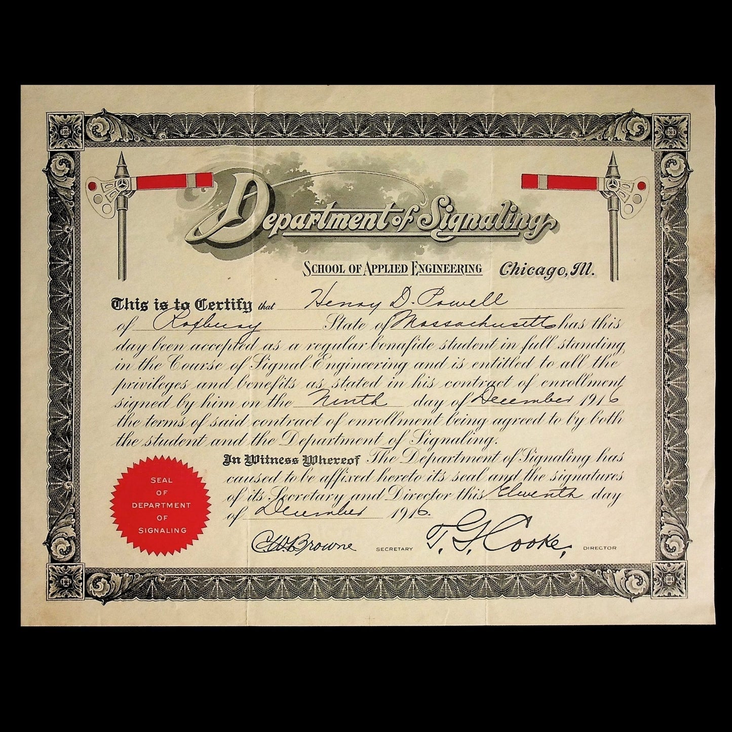 Department of Signaling (Railroad) School of Engineering Certificate from 1916