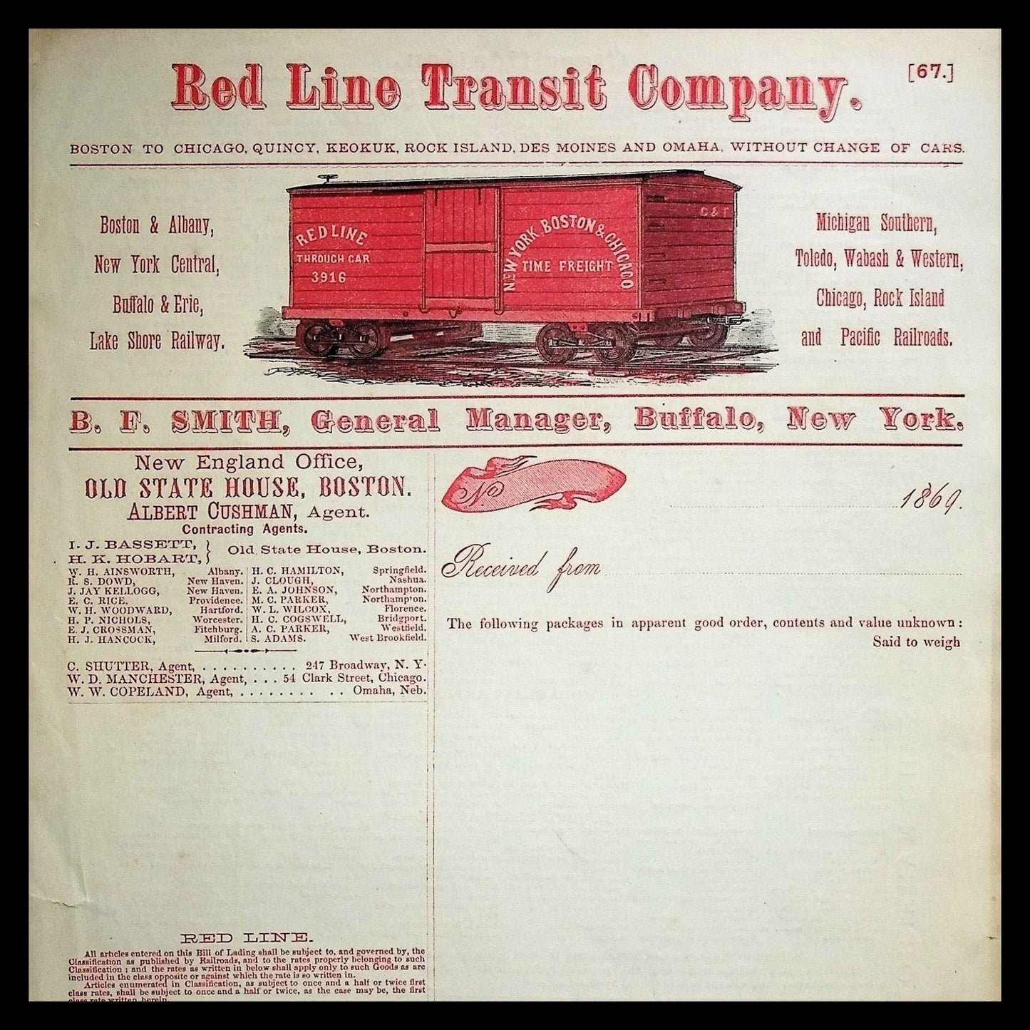 Red Line Transit Company Unused Shopping Receipt 1869