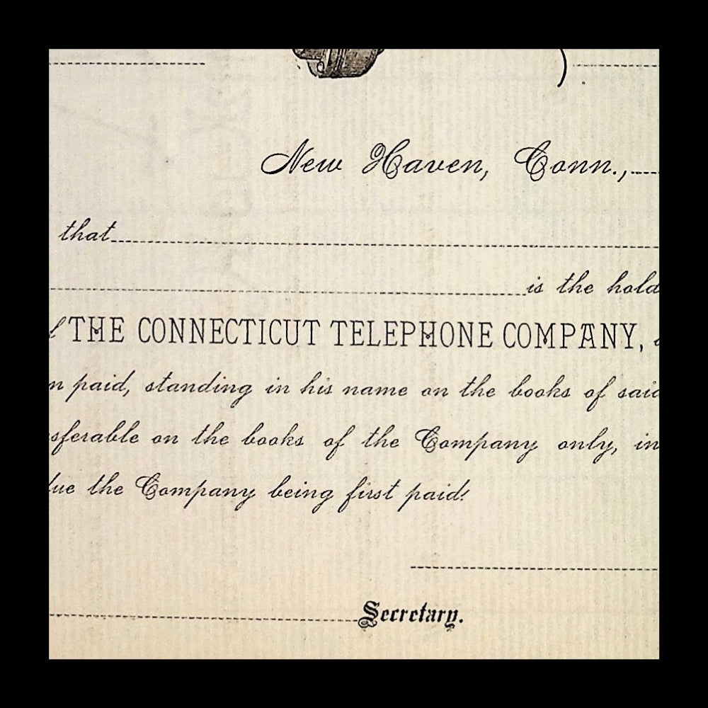 Connecticut Telephone Company Unissued Stock Certificate from 1890s
